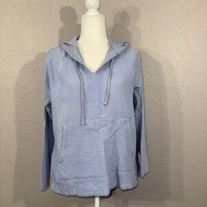 Pure Jill Women's Size XS PETITE Blue Textured Gauze Cotton Blend Hoodie